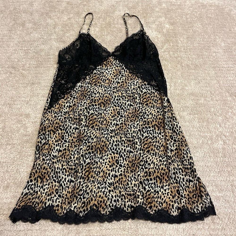 Victoria's Secret leopard-print slip dress featuring black lace detailing medium